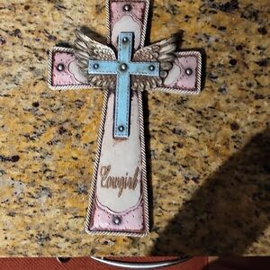 Decorative Cross with Wings and Turquoise Accents
